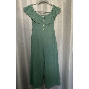 Lulu's June Bloom Dk Green Linen Culotte Jumpsuit Size XS‎ Off Shoulder